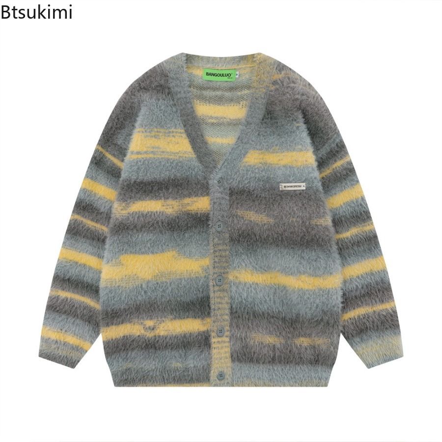 Thermal Long John - Men's Yellow Striped Thickened Knitted Cardigan