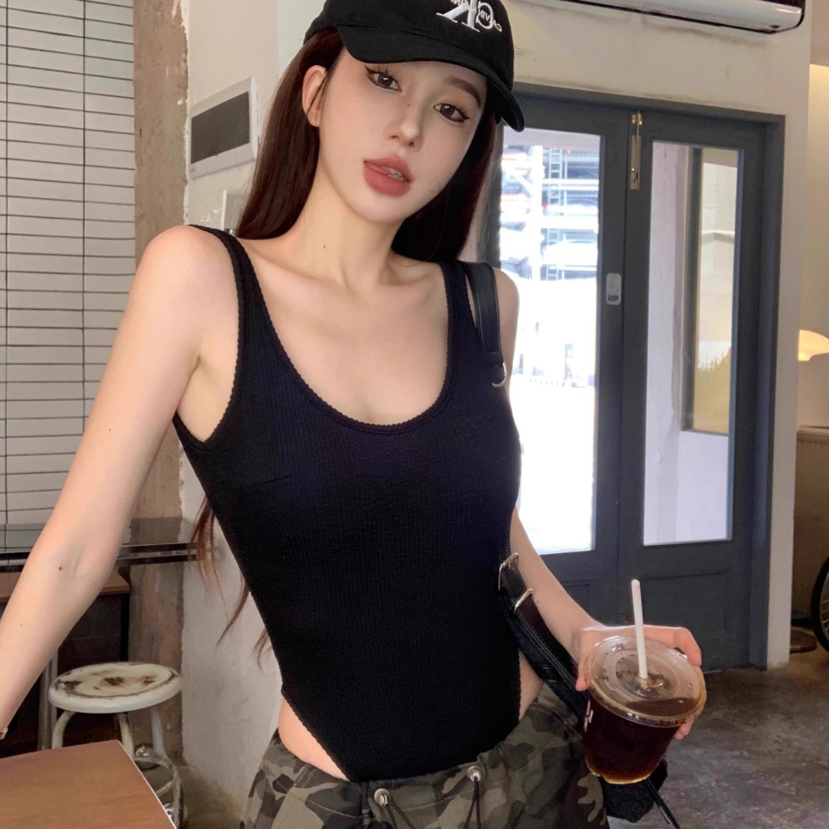 Black Strappy Bodysuit Sexy Ba - Tank Top Ribbed reseña y precio